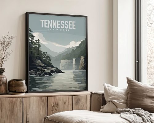 Art print featuring a Tennessee landscape with mountains and a river in a framed display.