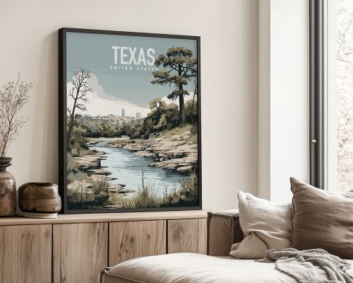 Art print featuring a Texas landscape with a river and trees, framed and displayed indoors.