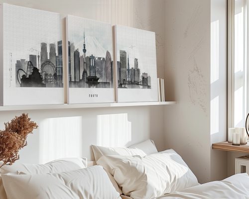 Three art prints of Tokyo cityscape featuring buildings and Mount Fuji in a neutral color palette.