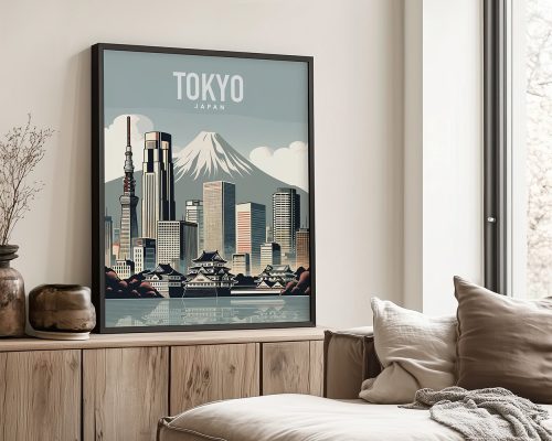 Art print featuring a stylized cityscape of Tokyo with Mount Fuji in the background.