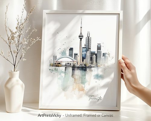 Artistic depiction of Toronto's skyline featuring the CN Tower and surrounding buildings.