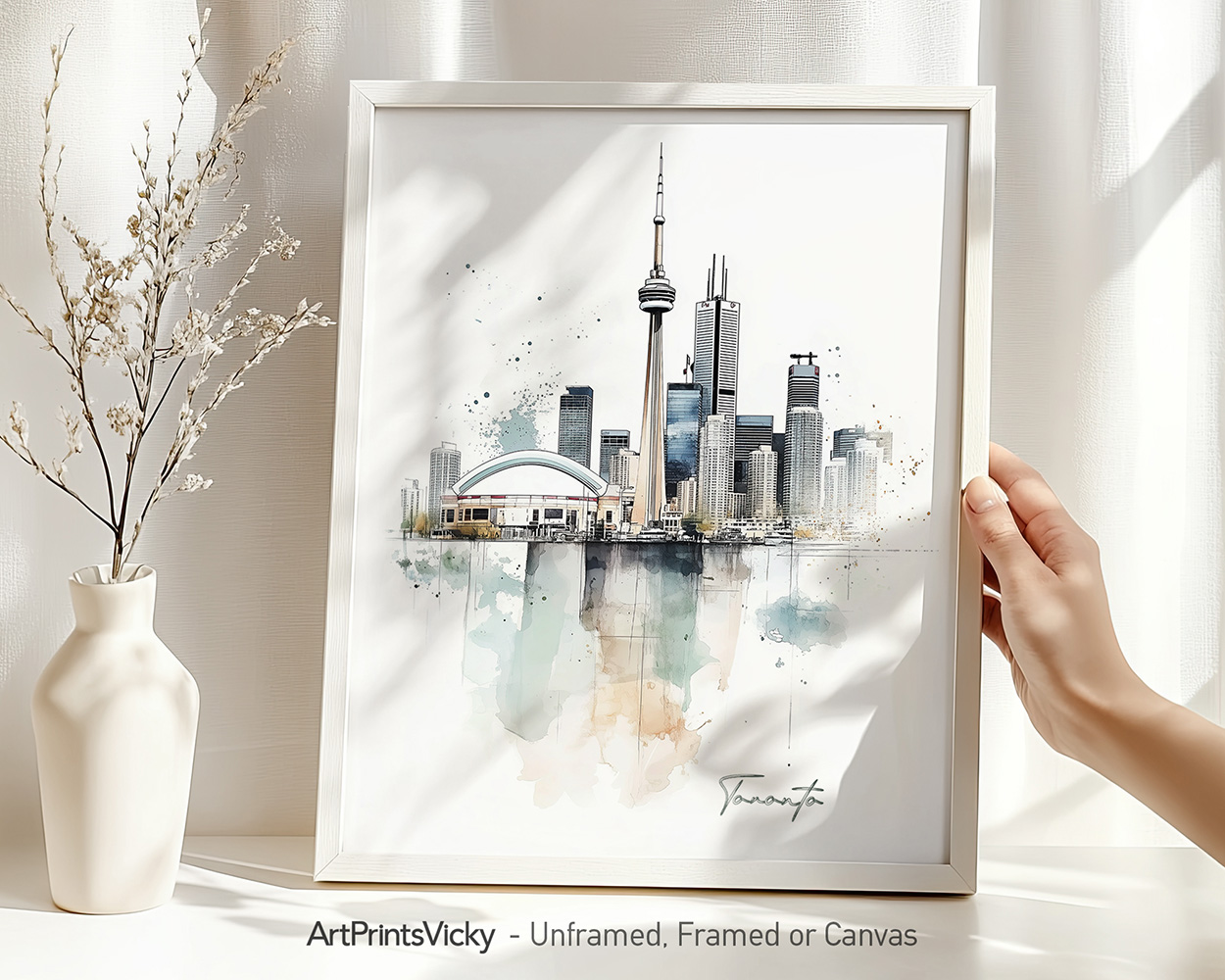 Artistic depiction of Toronto's skyline featuring the CN Tower and surrounding buildings.