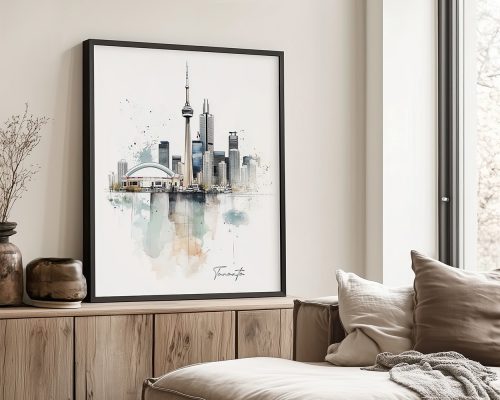Artistic drawing of the Toronto skyline featuring the CN Tower and other buildings.