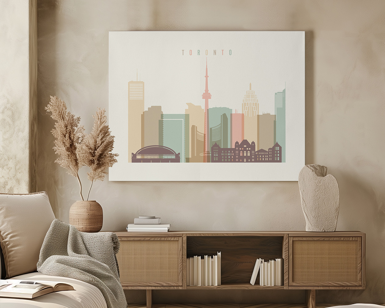Artistic representation of the Toronto skyline with notable buildings and landmarks.