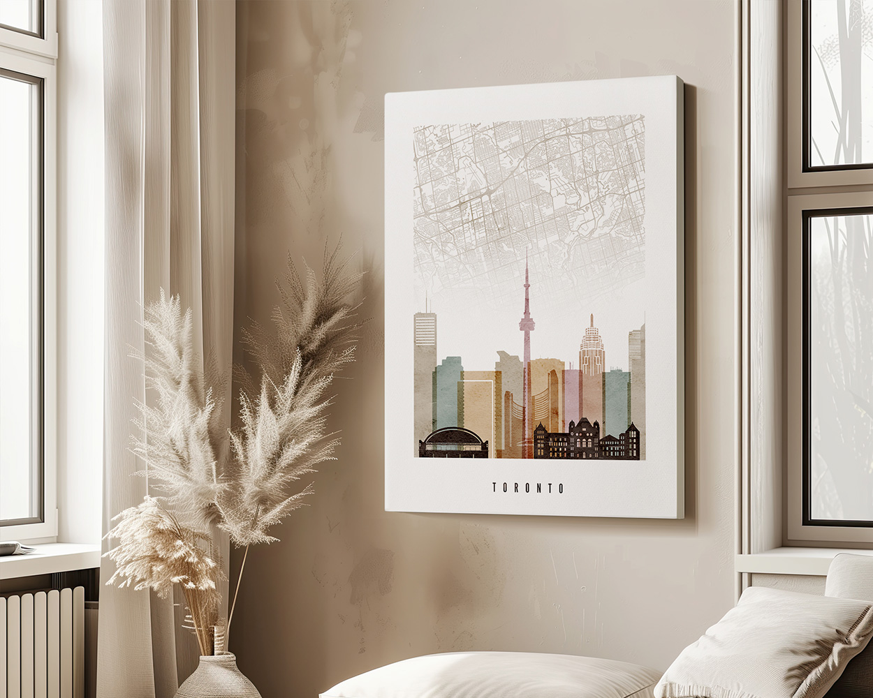 Map of Toronto with skyline illustration and key landmarks in a detailed design.