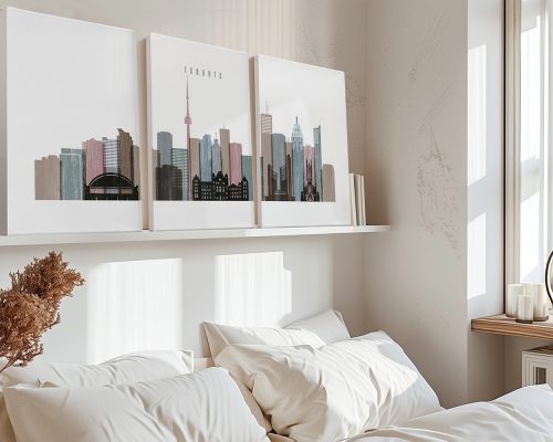 Three framed art prints depicting the Toronto skyline with various buildings and the CN Tower.