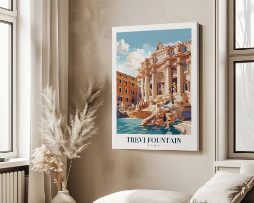Art print of the Trevi Fountain in Rome featuring a detailed illustration and text.