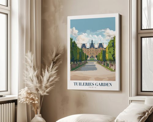 Illustration of the Tuileries Garden featuring a pathway and classical architecture in Paris.