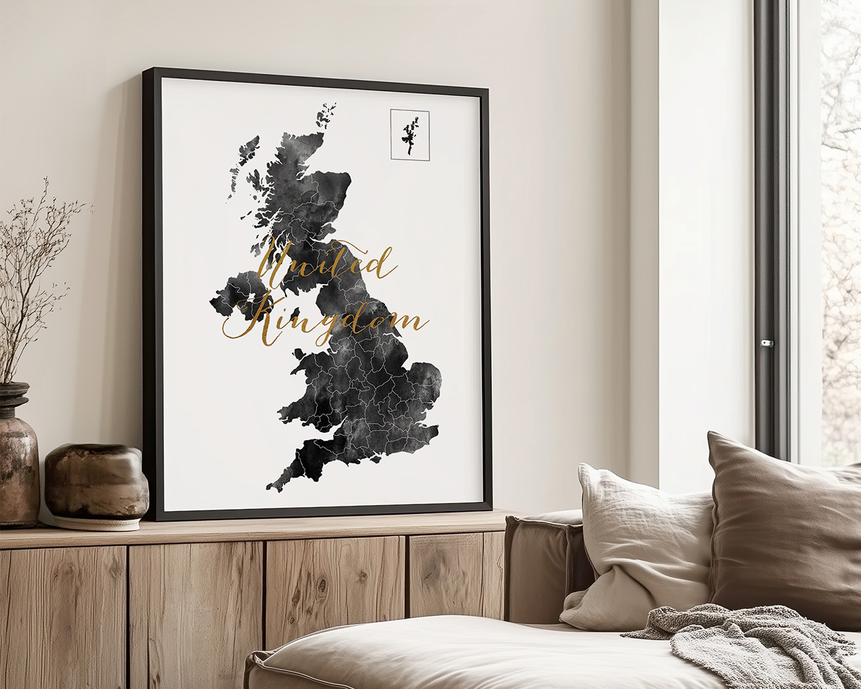 Map of the United Kingdom in black with a faux gold title on a white background.