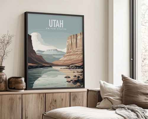 Art print featuring a stylized landscape of Utah with mountains and a river.