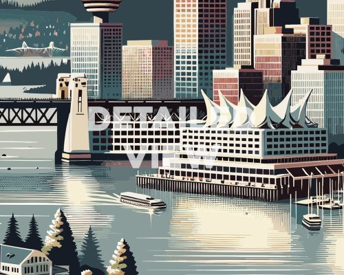 Illustration of Vancouver cityscape featuring buildings, a bridge, and water with a boat.