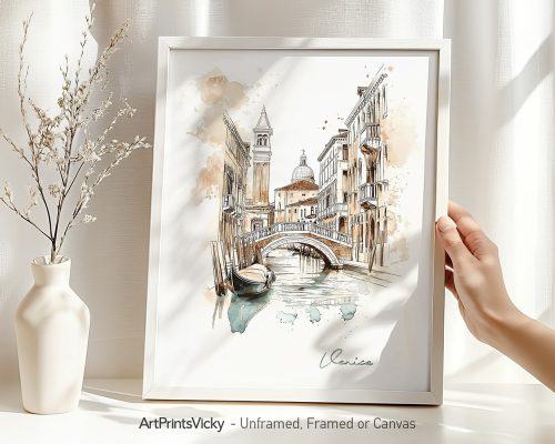 Illustration of a Venice canal with a bridge and buildings in a framed artwork.