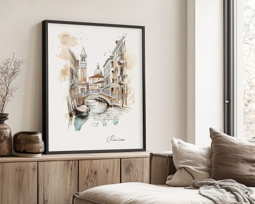 Artistic drawing of a canal in Venice featuring buildings and a boat.