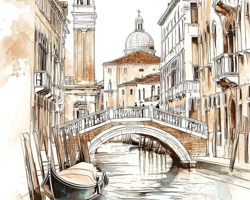 Illustration of a canal in Venice featuring a bridge and gondolas along the water.