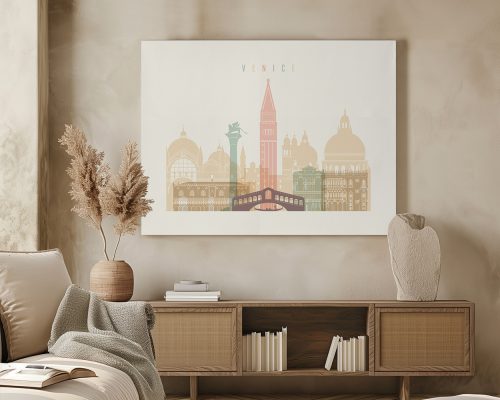 Artistic representation of Venice's skyline featuring notable buildings and a bridge.