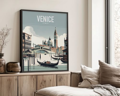 Framed art print of Venice featuring a gondola and iconic buildings with the word 'Venice' at the top.