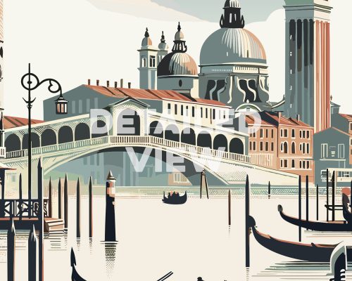 Illustration of a Venice cityscape featuring buildings, a bridge, and gondolas on the water.