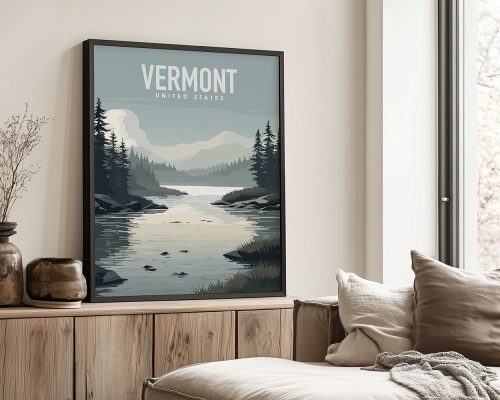 Art print featuring a serene Vermont landscape with mountains and a river under a cloudy sky.