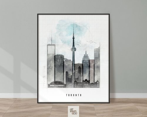 Framed artwork depicting a watercolor cityscape of Toronto with notable buildings and the CN Tower.