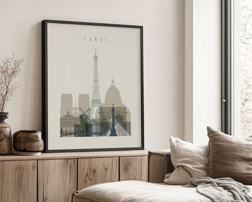 Framed print of a Paris cityscape featuring the Eiffel Tower and other landmarks.