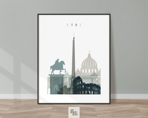 Illustration of notable landmarks in Rome, including the Colosseum and a statue on horseback.