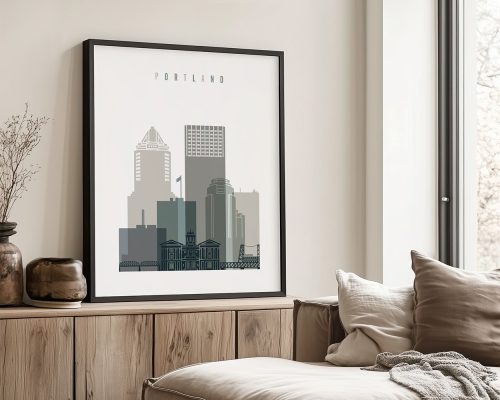 Framed illustration of Portland's skyline featuring various buildings and the word 'PORTLAND' at the top.