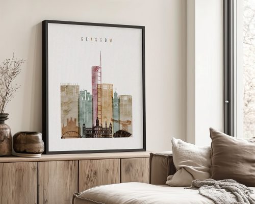 Art print of Glasgow city skyline featuring various buildings and structures in muted colors.