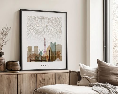 Art print featuring a stylized map of Paris with iconic landmarks and the Eiffel Tower.