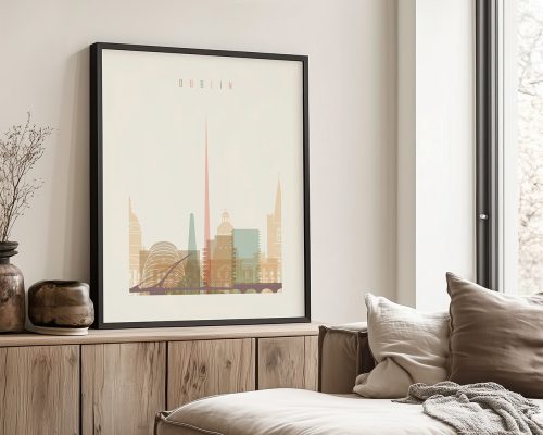 Art print of Dublin cityscape featuring notable buildings and structures in a minimalist style.