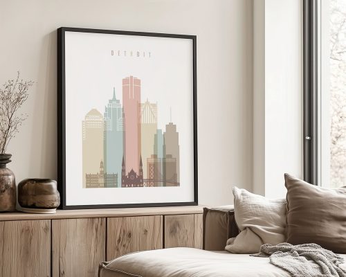 Art print of the Detroit skyline featuring various buildings in muted colors.