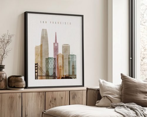 Art print featuring a stylized cityscape of San Francisco with notable buildings and landmarks.