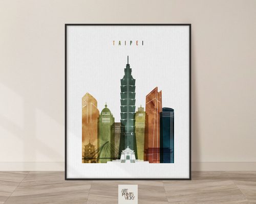 Art print featuring a stylized illustration of Taipei's skyline with various buildings in different colors.