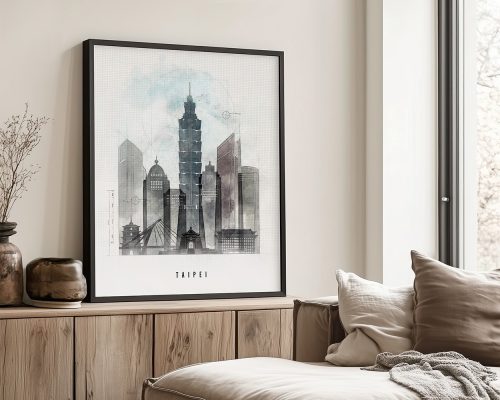 Framed art print of Taipei city skyline featuring the Taipei 101 building and surrounding structures.