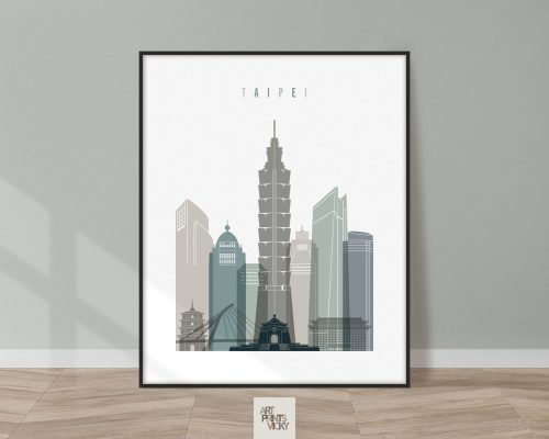 Illustration of Taipei's skyline featuring notable buildings like Taipei 101 in a minimalist style.