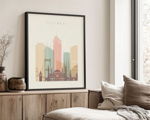 Framed artwork depicting a stylized cityscape of Istanbul with prominent buildings and landmarks.