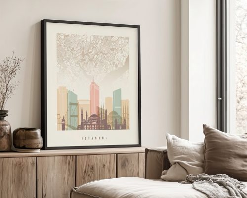 Framed artwork of Istanbul featuring a stylized city map and skyline in pastel colors.