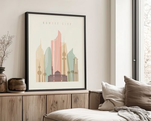 Art print of Kuwait City skyline featuring various iconic buildings in pastel colors.