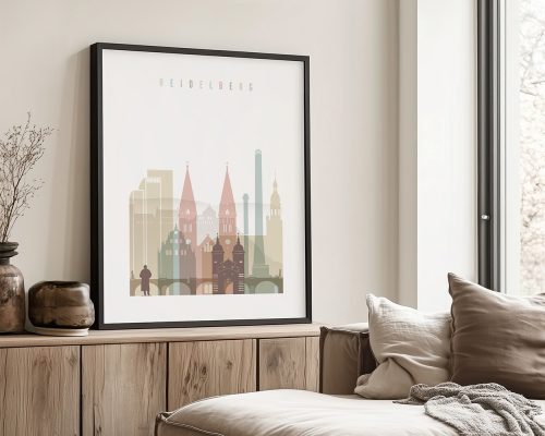 Art print featuring a stylized illustration of Heidelberg's cityscape with notable buildings.