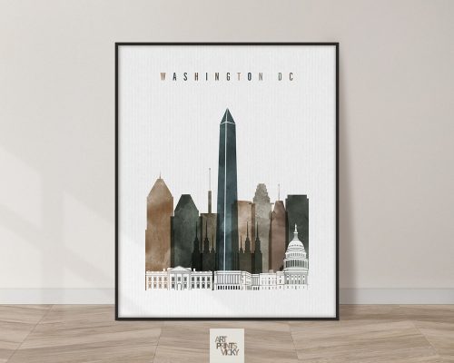 Art print featuring a stylized cityscape of Washington DC with notable buildings and landmarks.