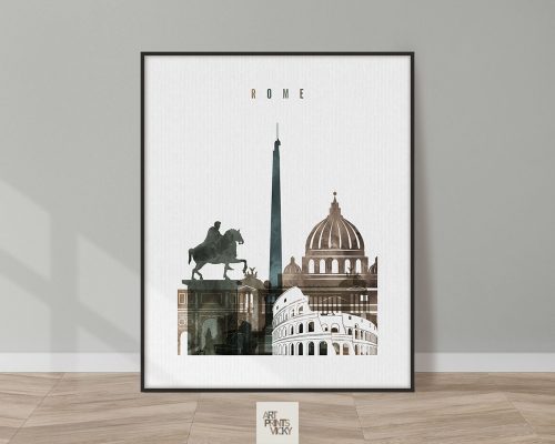 Art print featuring iconic landmarks of Rome including the Colosseum and a statue on a pedestal.