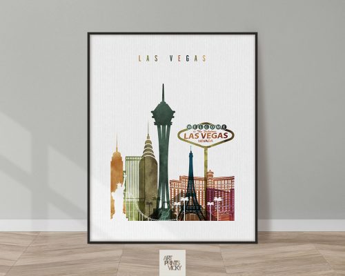 Art print featuring a stylized cityscape of Las Vegas with iconic buildings and landmarks.