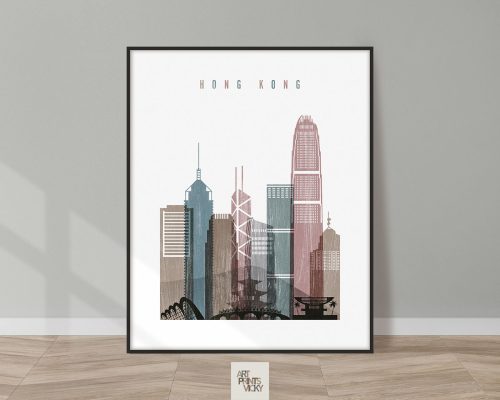 Framed artwork depicting a stylized cityscape of Hong Kong with various buildings and structures.