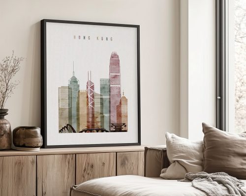Framed artwork depicting a stylized cityscape of Hong Kong with various skyscrapers and buildings.