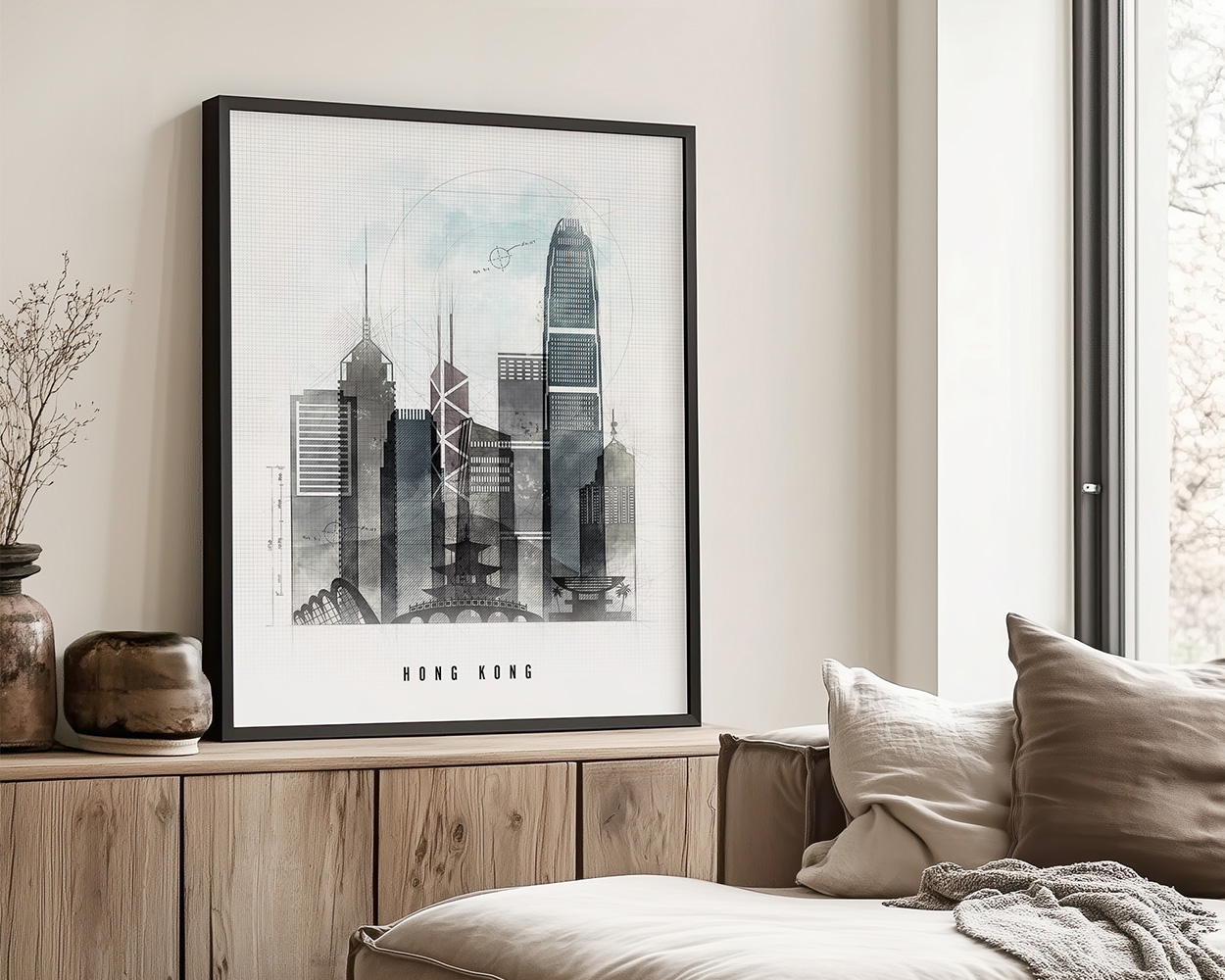 Framed art print of a cityscape featuring Hong Kong's skyline with various buildings.