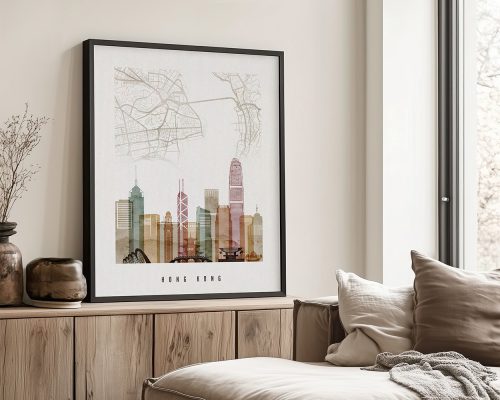 Art print depicting a stylized cityscape of Hong Kong with a map overlay.