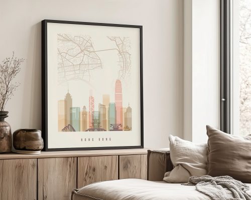 Art print of a stylized cityscape of Hong Kong with a map overlay in a framed display.