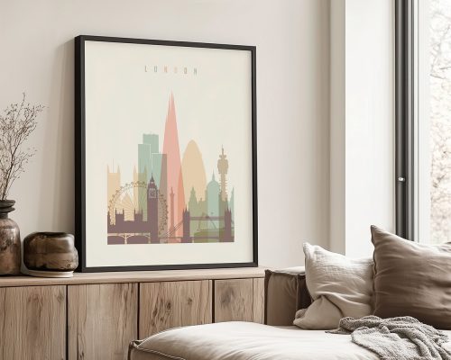 Art print featuring a stylized cityscape of London with notable landmarks in muted colors.