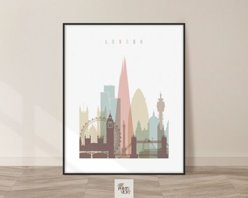 Art print featuring a stylized silhouette of London's skyline with notable landmarks.
