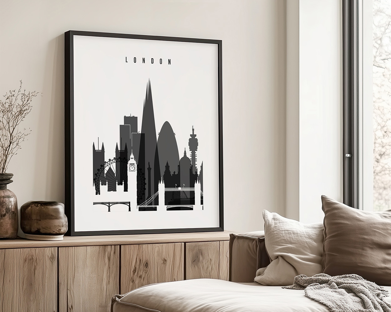 Black and white silhouette of London skyline with notable buildings and landmarks.