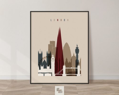 Art print featuring a stylized skyline of London with notable landmarks in various colors.